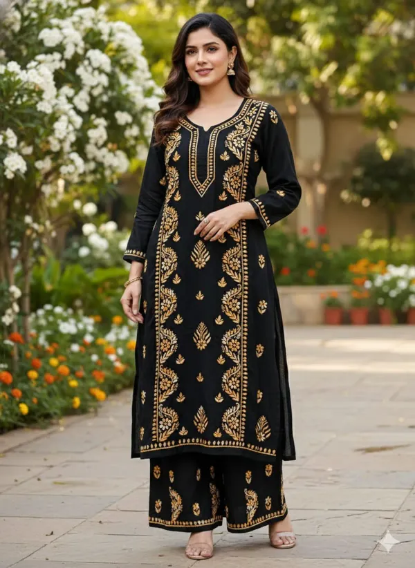 Black_Chiku_Exclusive_Soft_Rayon_Daul_Shade_Thread_Work_Kurti_Plazo_Set