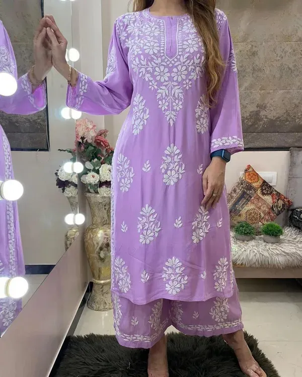 Light_Purple_Rayon_Cotton_Chikankari_Kurta_With_Palazzo_For_Women