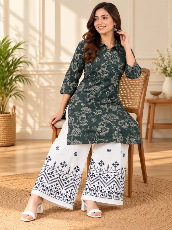 Mehndi_Buy_Ethnic_Printed_Kurti_And_Chikankari_Work_White_Plazzo