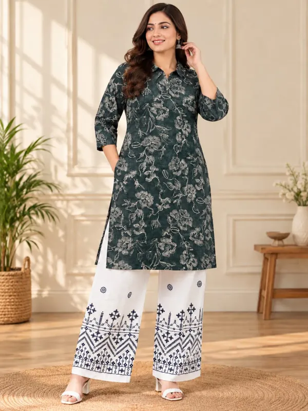 Mehndi_Buy_Ethnic_Printed_Kurti_And_Chikankari_Work_White_Plazzo