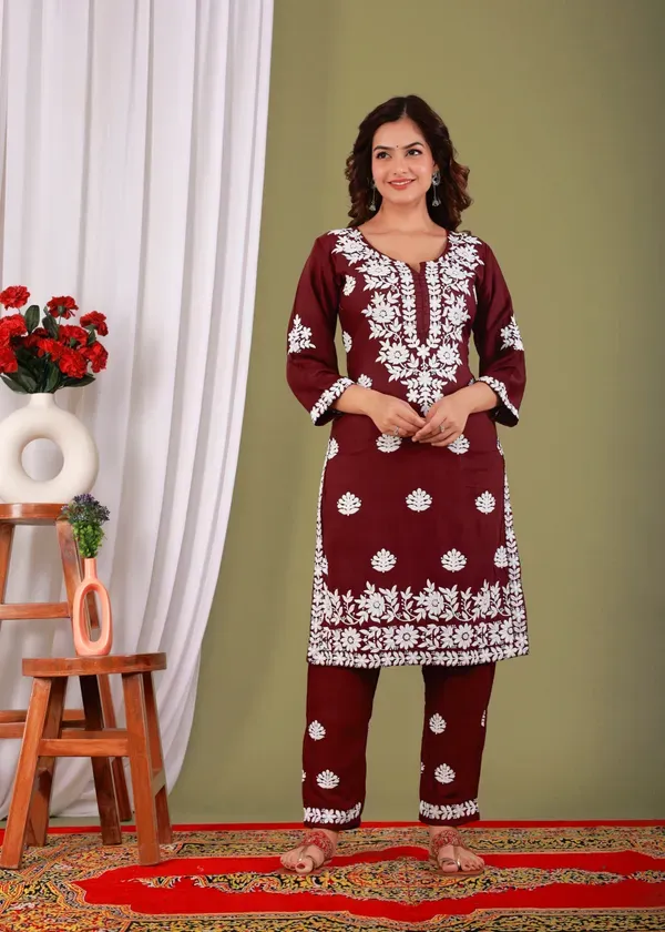 Wine_Exclusive_Modal_Kurti_With_The_Plazzo_Chikankari_Fabric_For_Women