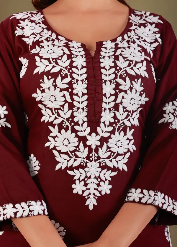 Wine_Exclusive_Modal_Kurti_With_The_Plazzo_Chikankari_Fabric_For_Women