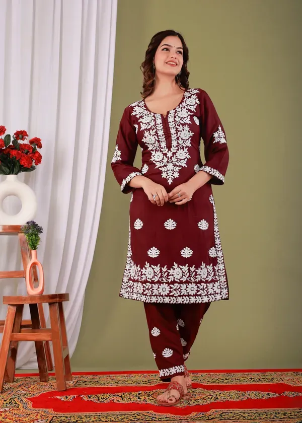 Wine_Exclusive_Modal_Kurti_With_The_Plazzo_Chikankari_Fabric_For_Women