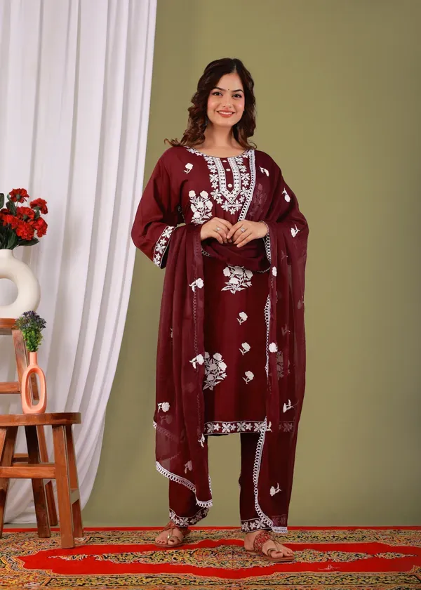 Wine_Rayon_Embroidered_Kurta_Pant_With_Dupatta_Set_For_Women