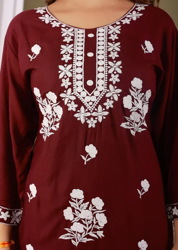 Wine_Rayon_Embroidered_Kurta_Pant_With_Dupatta_Set_For_Women