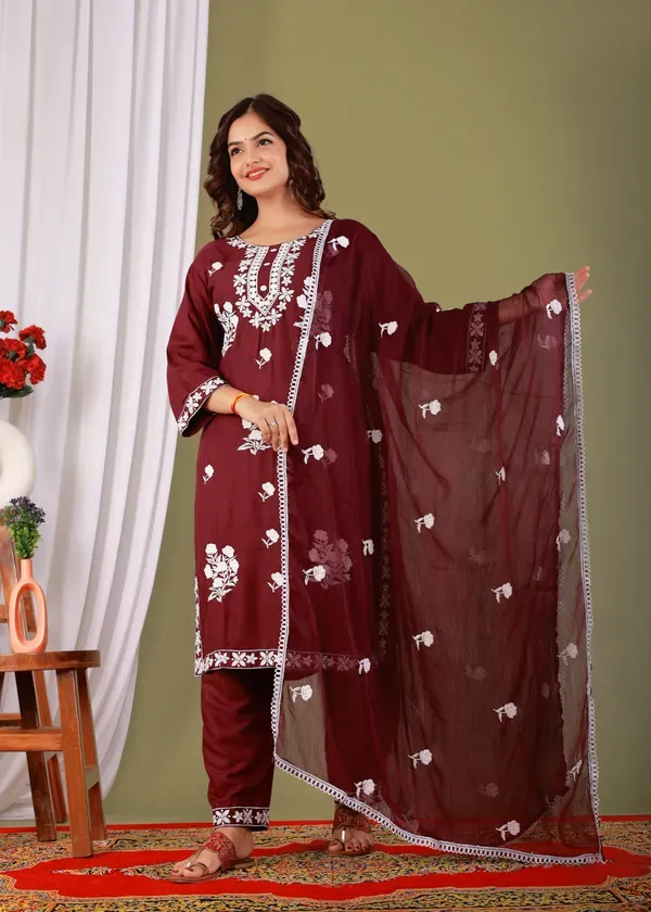 Wine_Rayon_Embroidered_Kurta_Pant_With_Dupatta_Set_For_Women