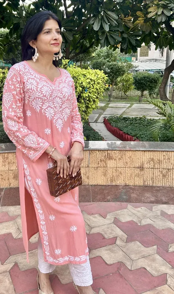 Peach_Chikankari_Work_Cotton_Thread_Rayon_Palazo_Kurtis