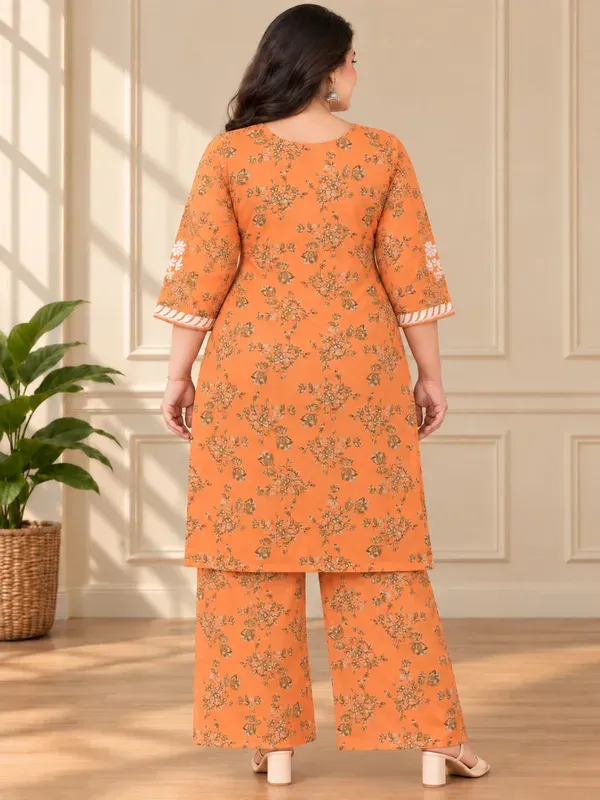 Orange_Cotton_Printed_Chikankari_Kurta_And_Plazzo_Set
