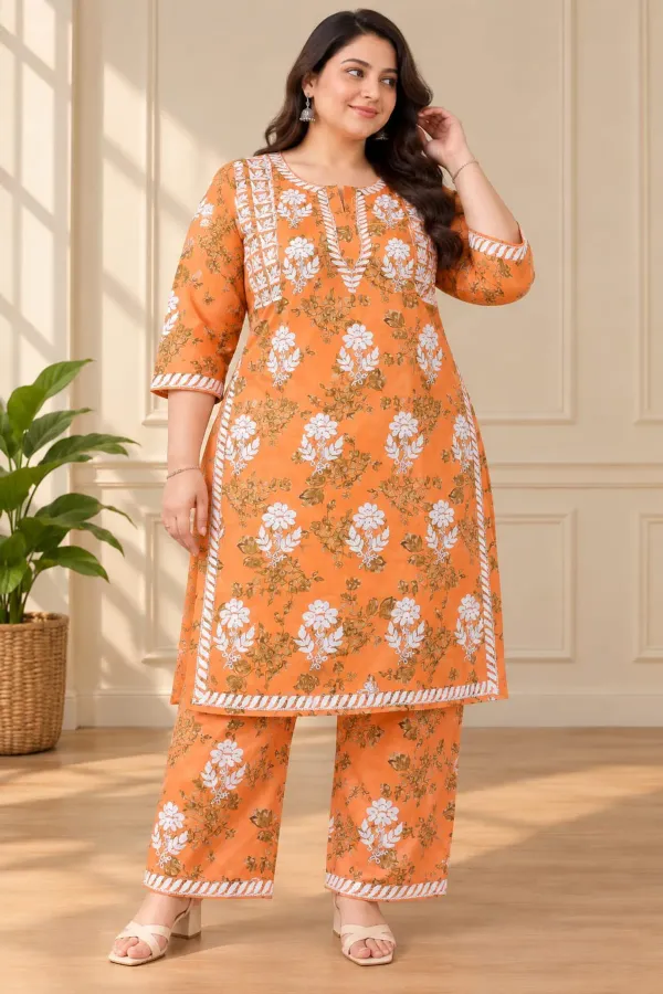 Orange_Cotton_Printed_Chikankari_Kurta_And_Plazzo_Set