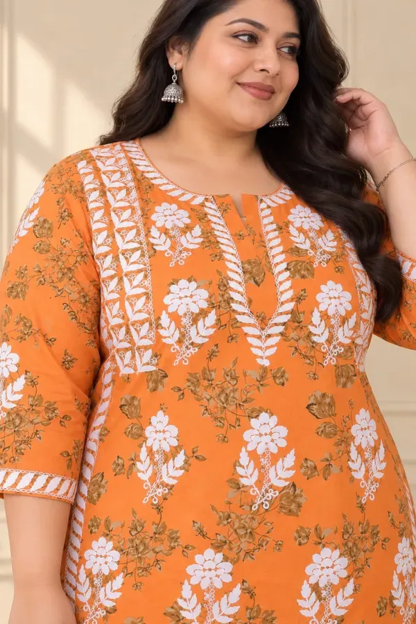 Orange_Cotton_Printed_Chikankari_Kurta_And_Plazzo_Set