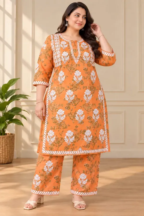 Orange_Cotton_Printed_Chikankari_Kurta_And_Plazzo_Set