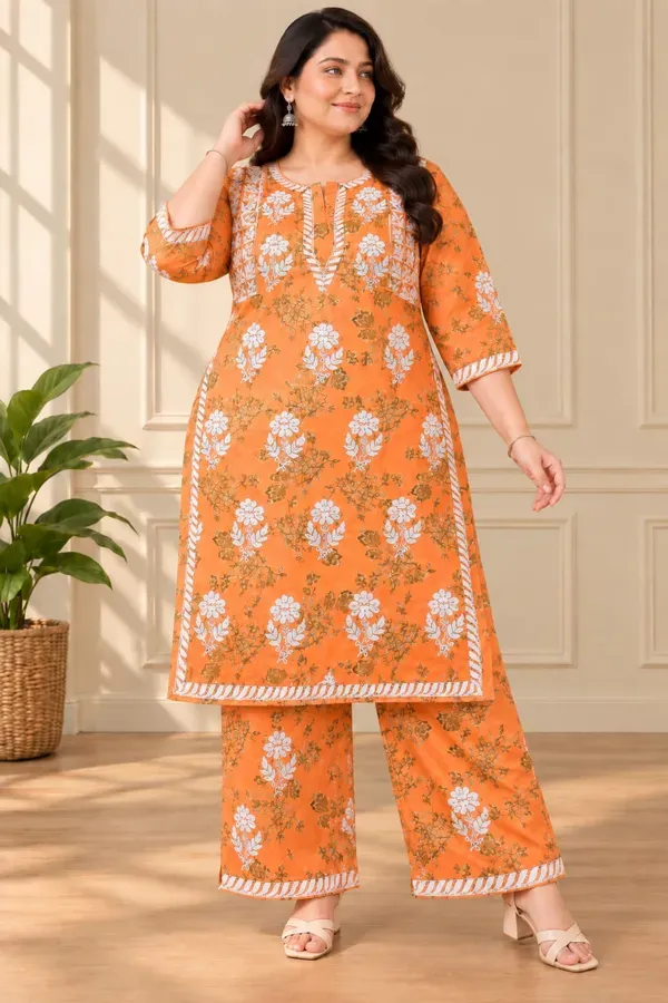 Orange_Cotton_Printed_Chikankari_Kurta_And_Plazzo_Set