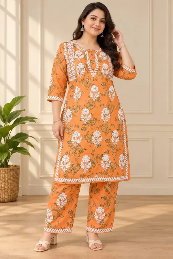 Orange_Buy_Mulmul_Cotton_Printed_Chikankari_Kurta_And_Plazzo_Set