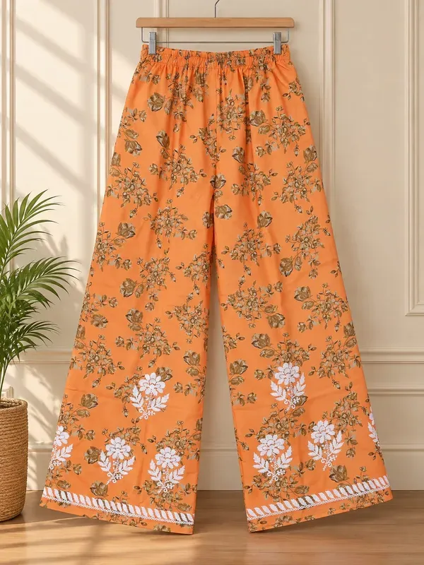 Orange_Buy_Mulmul_Cotton_Printed_Chikankari_Kurta_And_Plazzo_Set