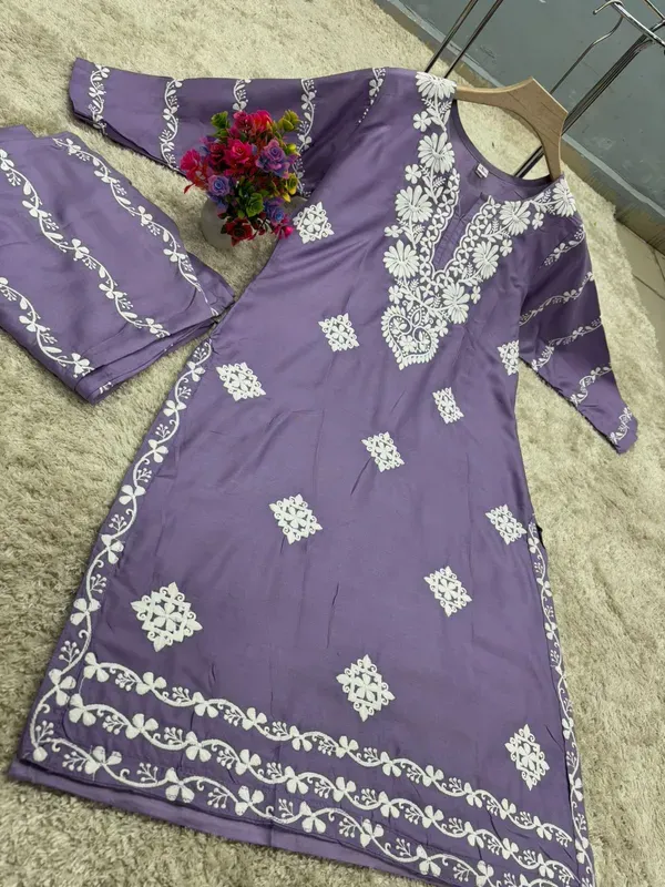 Light_Purple_Chikankari_Kurti_With_Matching_Printed_Plazzo_Suit_2ps_For_Wo