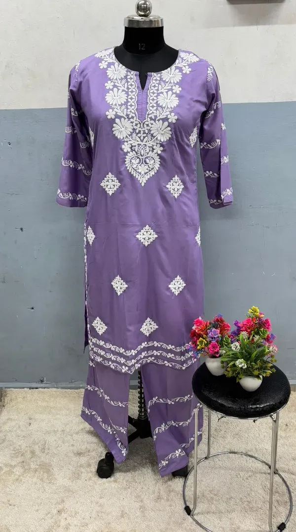 Light_Purple_Chikankari_Kurti_With_Matching_Printed_Plazzo_Suit_2ps_For_Wo