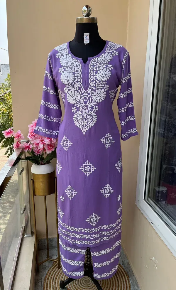 Light_Purple_Chikankari_Kurti_With_Matching_Printed_Plazzo_Suit_2ps_For_Wo