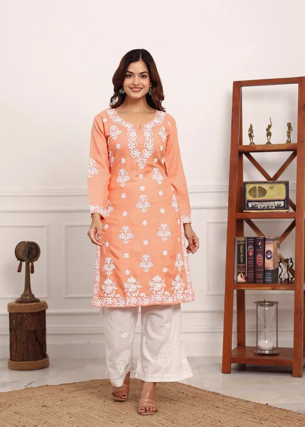 Peach_Embroidered_Chikan_Kurta_With_Plazzo_Ethnic_Indian_Wear_Chikankari_Work