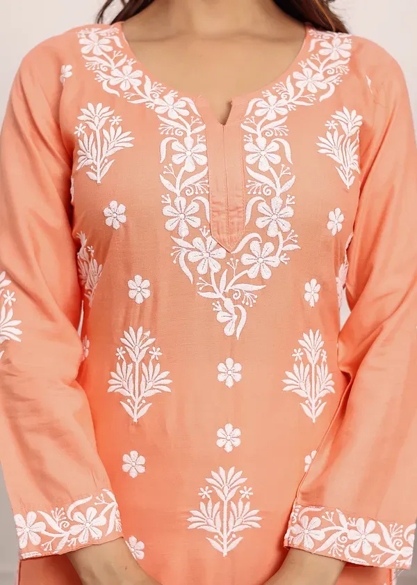 Peach_Embroidered_Chikan_Kurta_With_Plazzo_Ethnic_Indian_Wear_Chikankari_Work