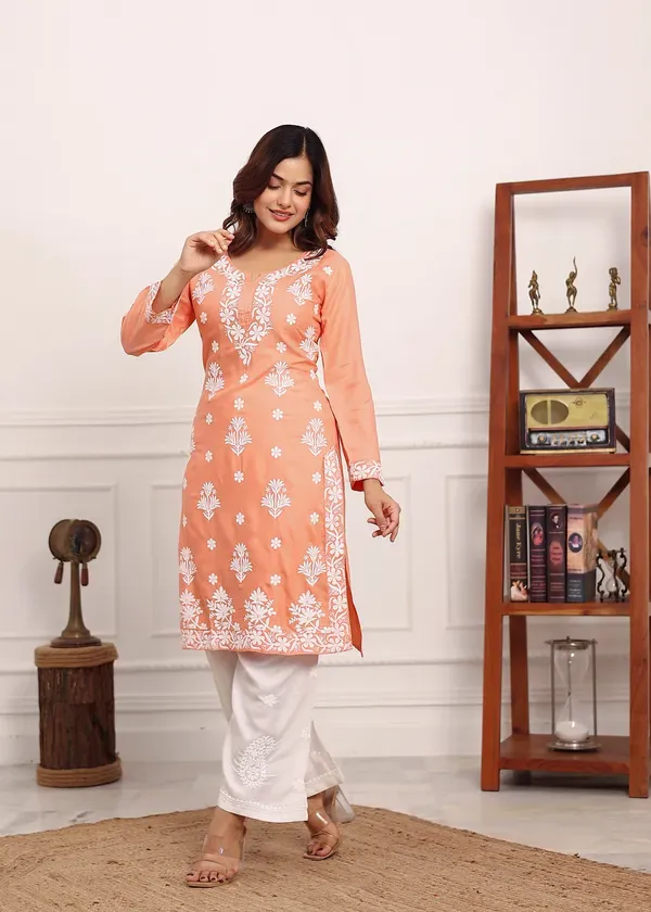 Peach_Embroidered_Chikan_Kurta_With_Plazzo_Ethnic_Indian_Wear_Chikankari_Work