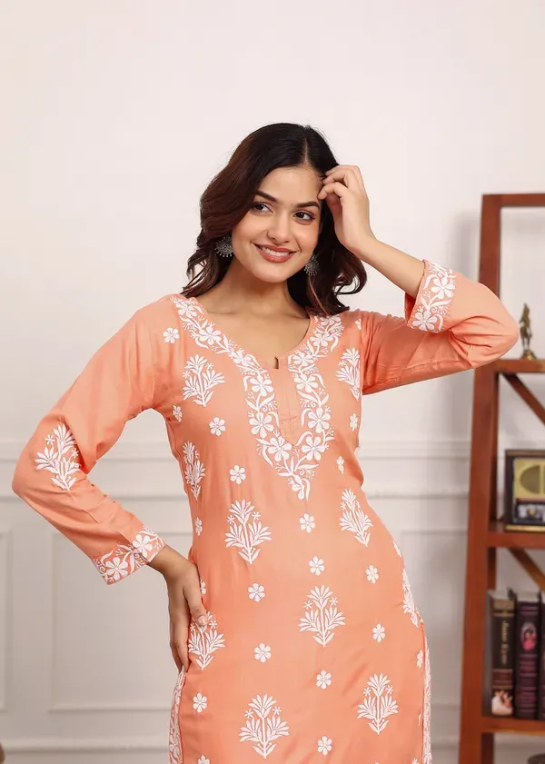 Peach_Embroidered_Chikan_Kurta_With_Plazzo_Ethnic_Indian_Wear_Chikankari_Work