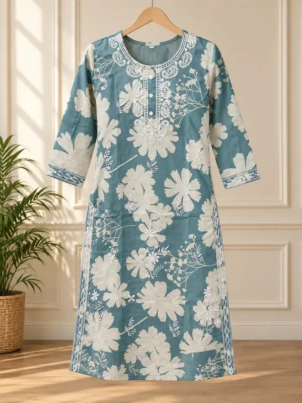 Rama_Green_Buy_Printed_Cotton_Kurti_Plazzo_Set_Regular_Fit_Ethnic_Co_Ord