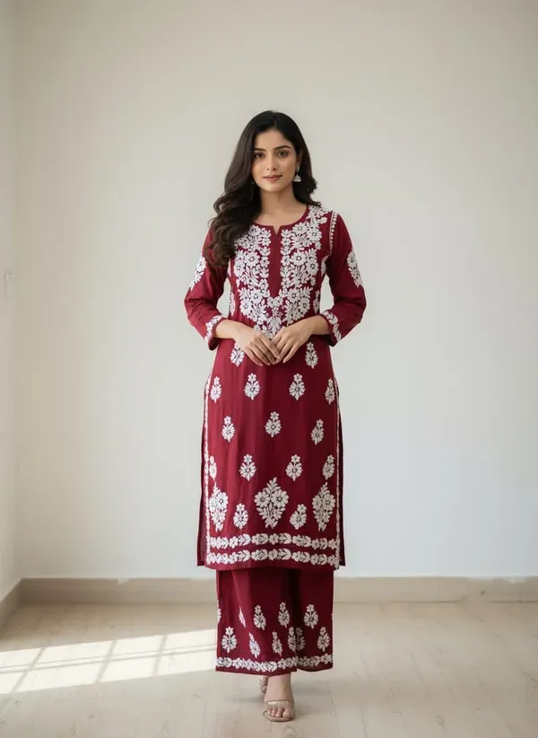 Maroon_Premium_Very_Soft_Breathable_Modal_Plazzo_Set_With_Chikankari_Work