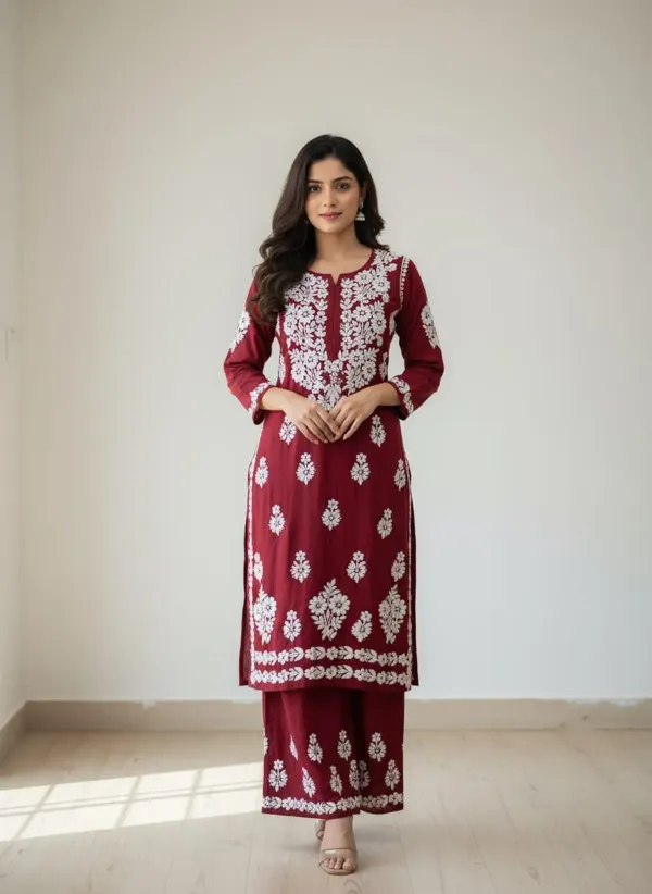 Maroon_Premium_Very_Soft_Breathable_Modal_Plazzo_Set_With_Chikankari_Work