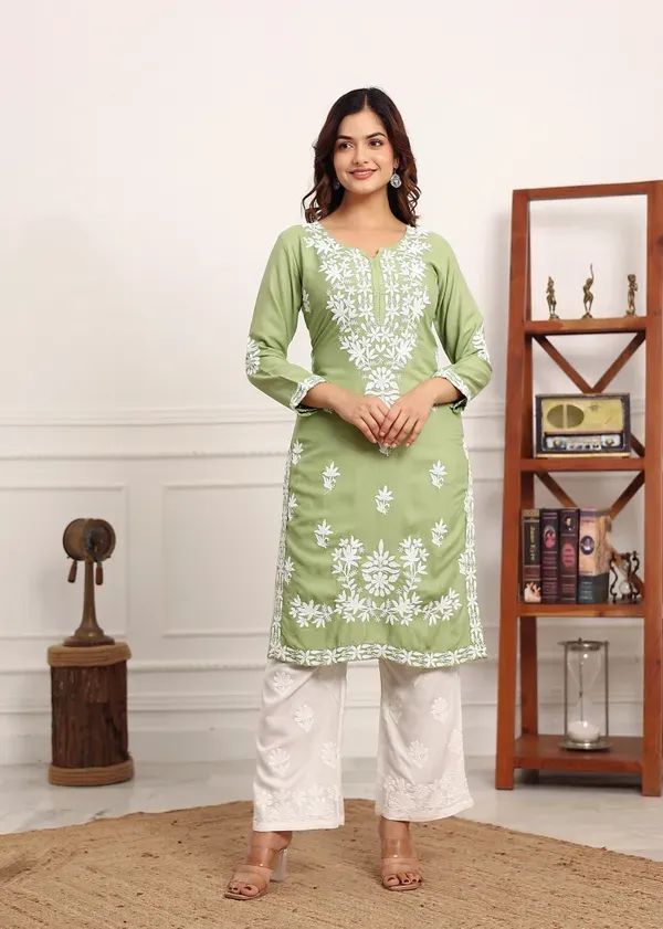 Pista_Elegant_Chikankari_Below_Knee_Length_Kurti_Plazo_Set_Perfect_For_All_Occasion
