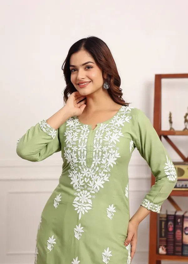 Pista_Elegant_Chikankari_Below_Knee_Length_Kurti_Plazo_Set_Perfect_For_All_Occasion