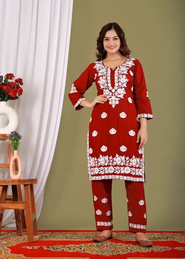 Maroon_Exclusive_Modal_Kurti_With_The_Plazzo_Chikankari_Fabric_For_Women
