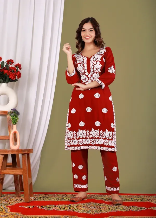Maroon_Exclusive_Modal_Kurti_With_The_Plazzo_Chikankari_Fabric_For_Women