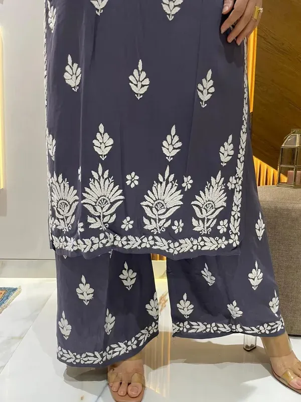 D_Grey_Diwali_Speacial_Chikankari_Work_Kurti_And_Plazzo_Set