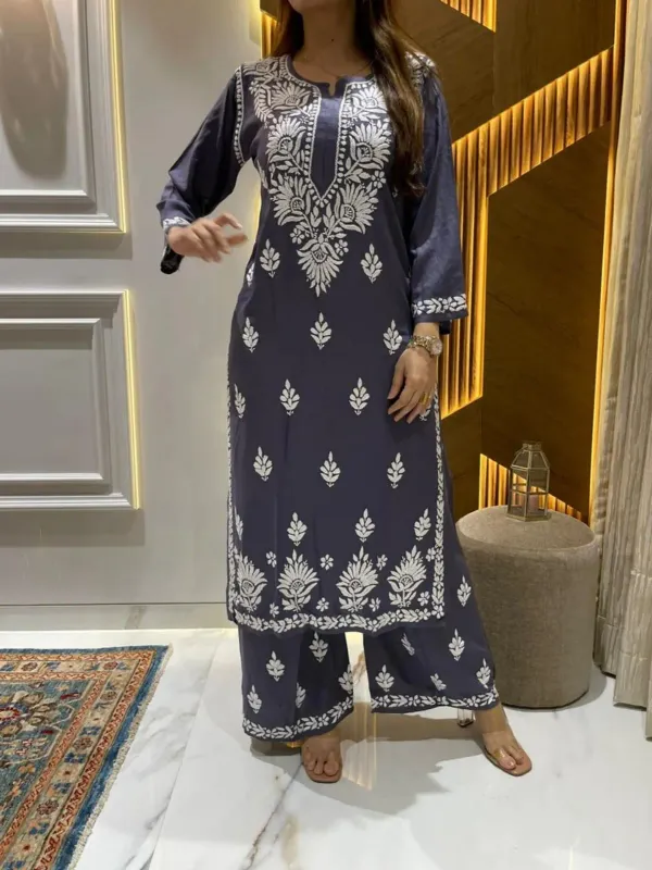 D_Grey_Diwali_Speacial_Chikankari_Work_Kurti_And_Plazzo_Set