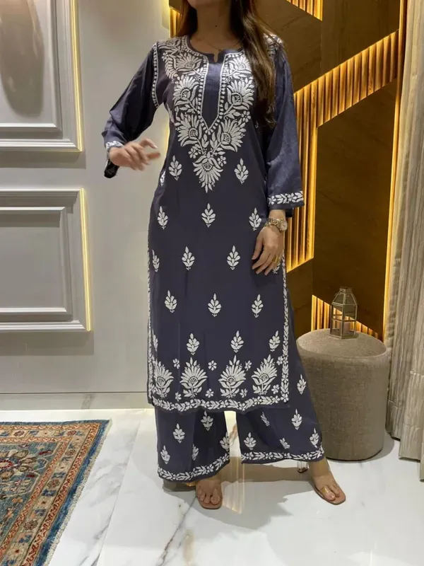 D_Grey_Diwali_Speacial_Chikankari_Work_Kurti_And_Plazzo_Set