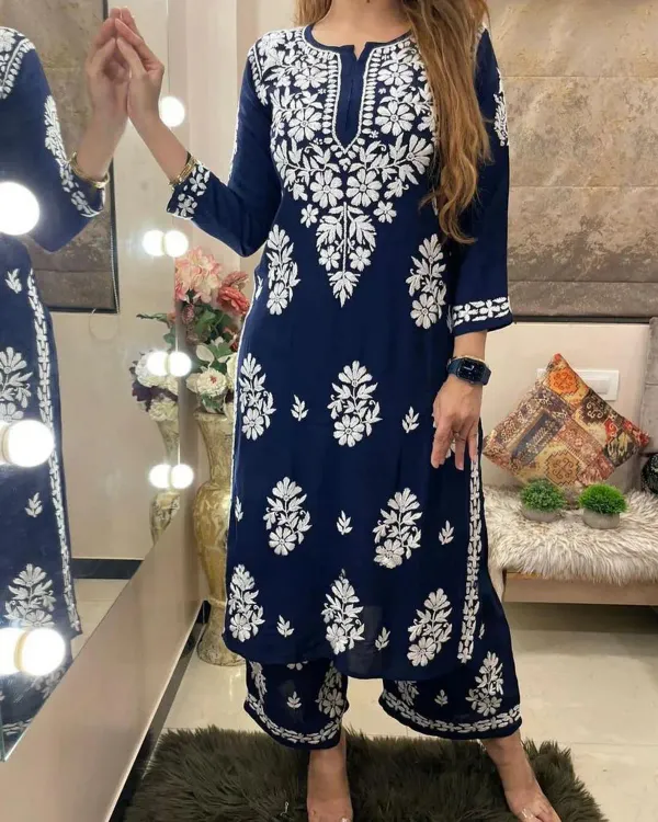 Blue_Rayon_Cotton_Chikankari_Kurta_With_Palazzo_For_Women