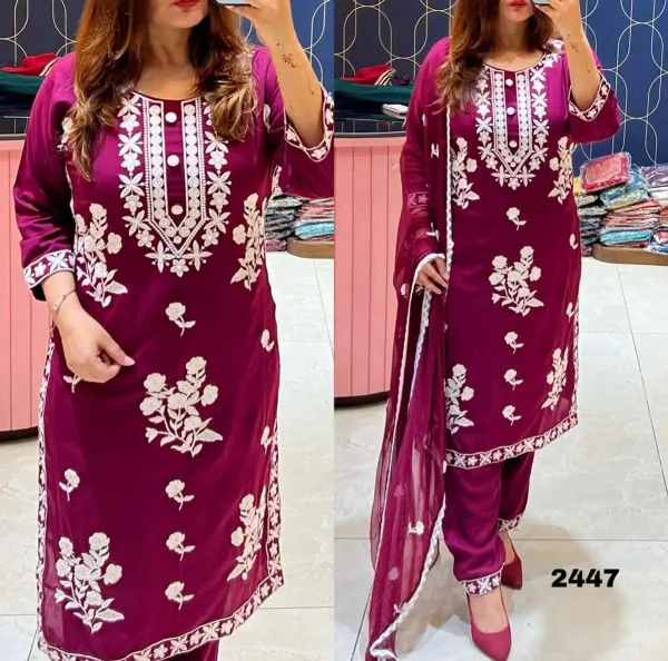Wine_Straight_Kurta_Pant_Dupatta_Set