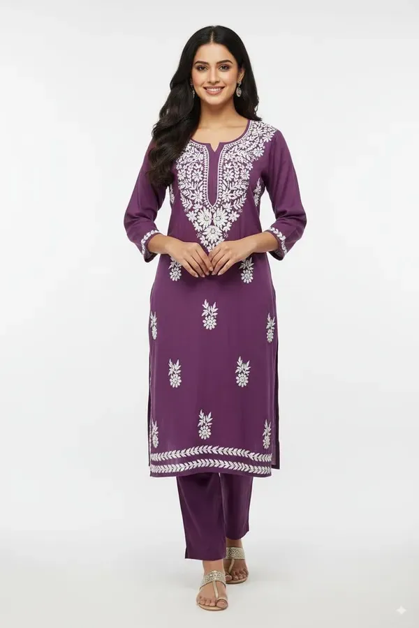 Magenta_Floral_Embroidered_Regular_Chikankari_Kurta_With_Trousers