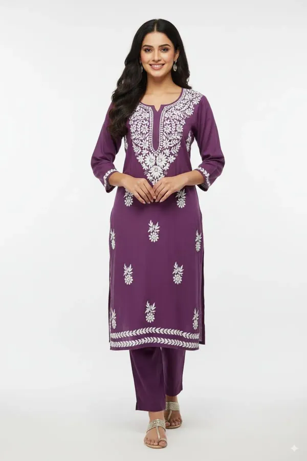 Magenta_Floral_Embroidered_Regular_Chikankari_Kurta_With_Trousers