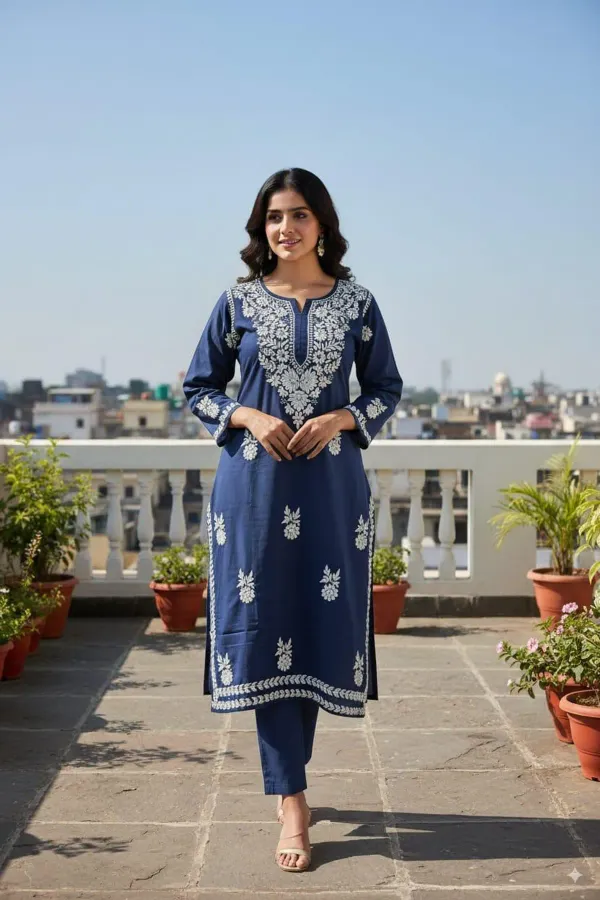 Blue_Floral_Embroidered_Regular_Chikankari_Kurta_With_Trousers