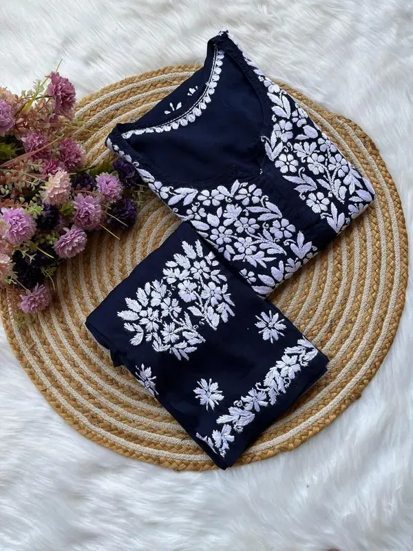 Blue_Long_Chikankari_Work_Latest_Rayon_Kurti_Wirh_Plazo_Set
