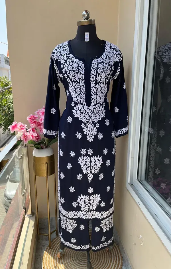 Blue_Long_Chikankari_Work_Latest_Rayon_Kurti_Wirh_Plazo_Set