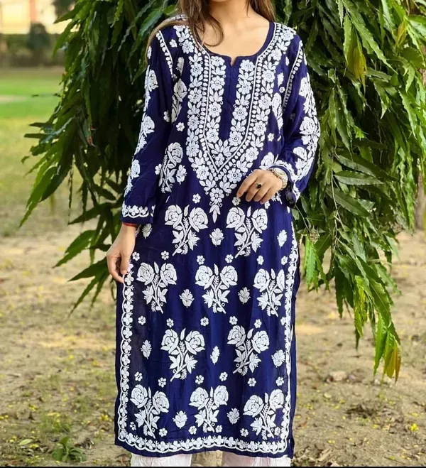 Blue_Pure_Rayon_Rose_Modal_Kurti_With_Heavy_Work_On_Daman_And_Sleeves_And_Plazzo_Set