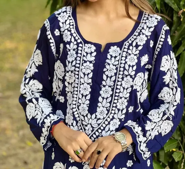 Blue_Pure_Rayon_Rose_Modal_Kurti_With_Heavy_Work_On_Daman_And_Sleeves_And_Plazzo_Set