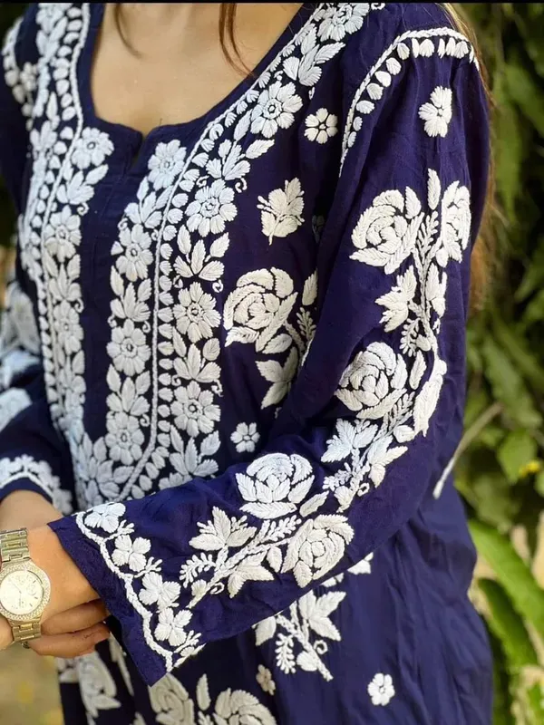 Blue_Pure_Rayon_Rose_Modal_Kurti_With_Heavy_Work_On_Daman_And_Sleeves_And_Plazzo_Set