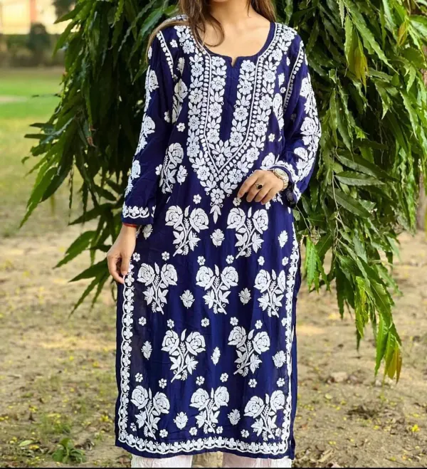 Blue_Pure_Rayon_Rose_Modal_Kurti_With_Heavy_Work_On_Daman_And_Sleeves_And_Plazzo_Set