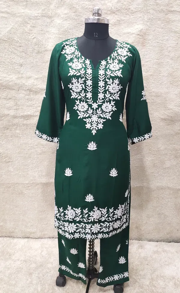 Green_Women_Embroidery_Chikankari_Kurti_Plazzo_Set