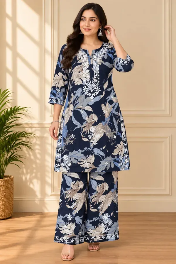 Blue_Printed_Cotton_Chikankari_Work_Kurta_With_Plazzo_Set