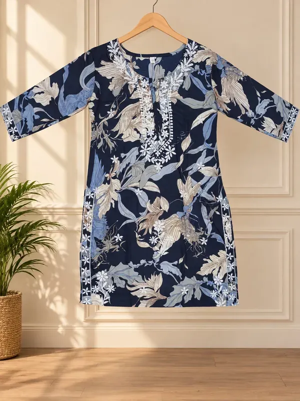 Blue_Printed_Cotton_Chikankari_Work_Kurta_With_Plazzo_Set