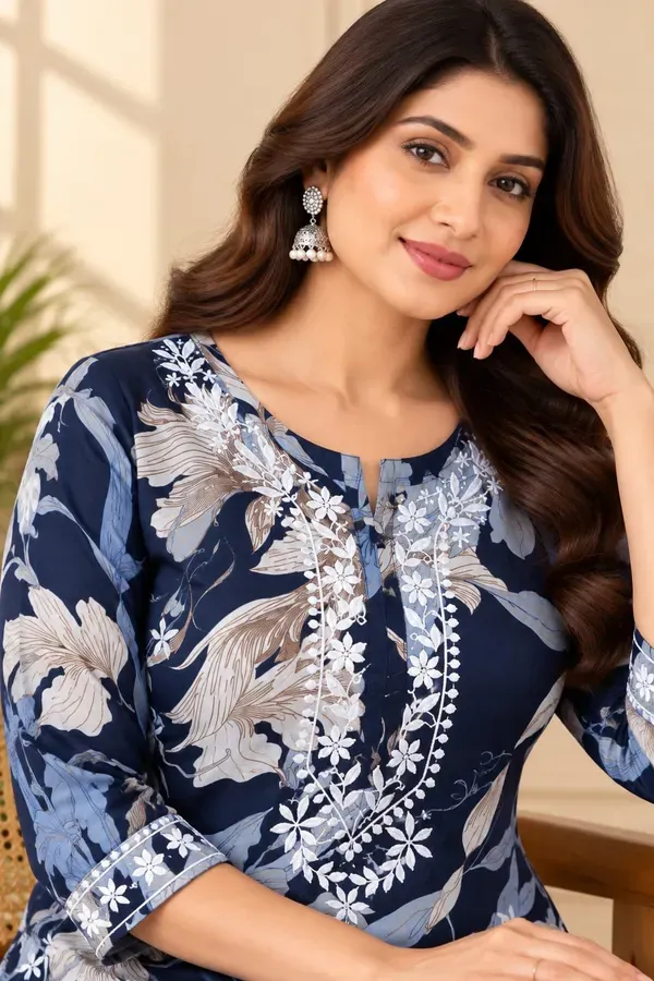 Blue_Printed_Cotton_Chikankari_Work_Kurta_With_Plazzo_Set